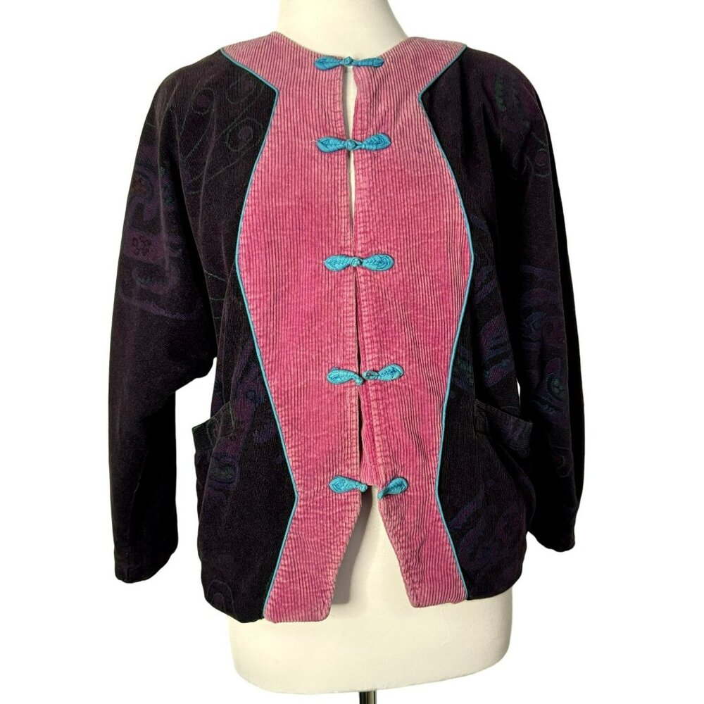 Art to Wear Asian Theme Corduroy Jacket Boutique Patterned Black Fabric Sz L